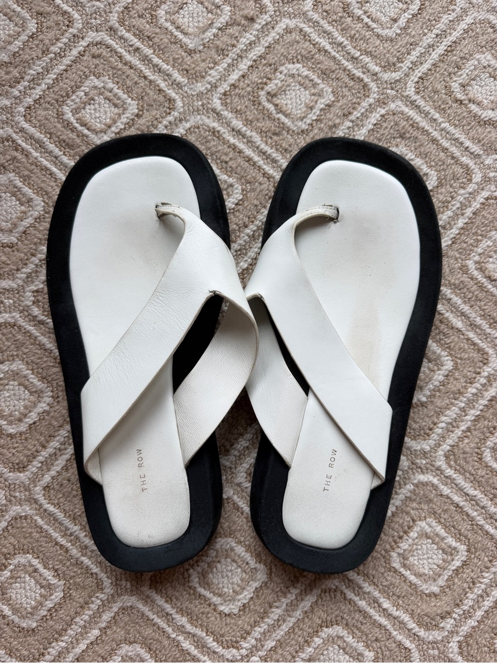 The Row White Leather Ginza Sandals with Black Sole